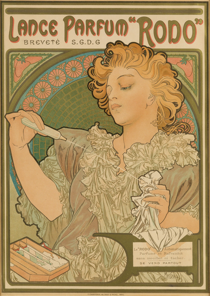 ALPHONSE MUCHA (1860-1939). LANCE PARFUM RODO. 1896. 17x12 inches, 44x31 cm. F. Champenois, Paris.